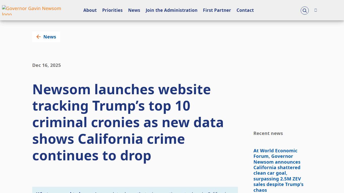 Newsom launches website tracking Trump’s top 10 criminal cronies as new data shows California crime continues to drop | Governor of California